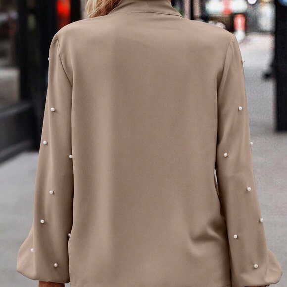 Khaki Elegant Women's Lantern Sleeve Faux Pearl Decor Blouse - Picture 4 of 5